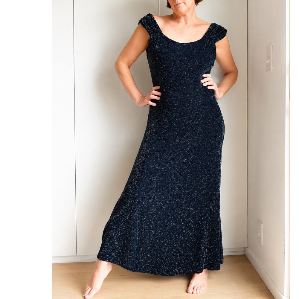 Vintage Sparkle Maxi Dress Size L Made in USA Black Silver Cocktail Party Dress